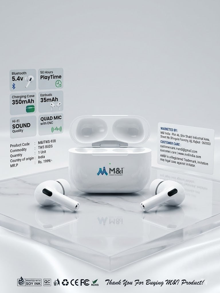 M&i M Pods Series TWS-938 Wireless Earbuds with QUAD MIC & AI ENC