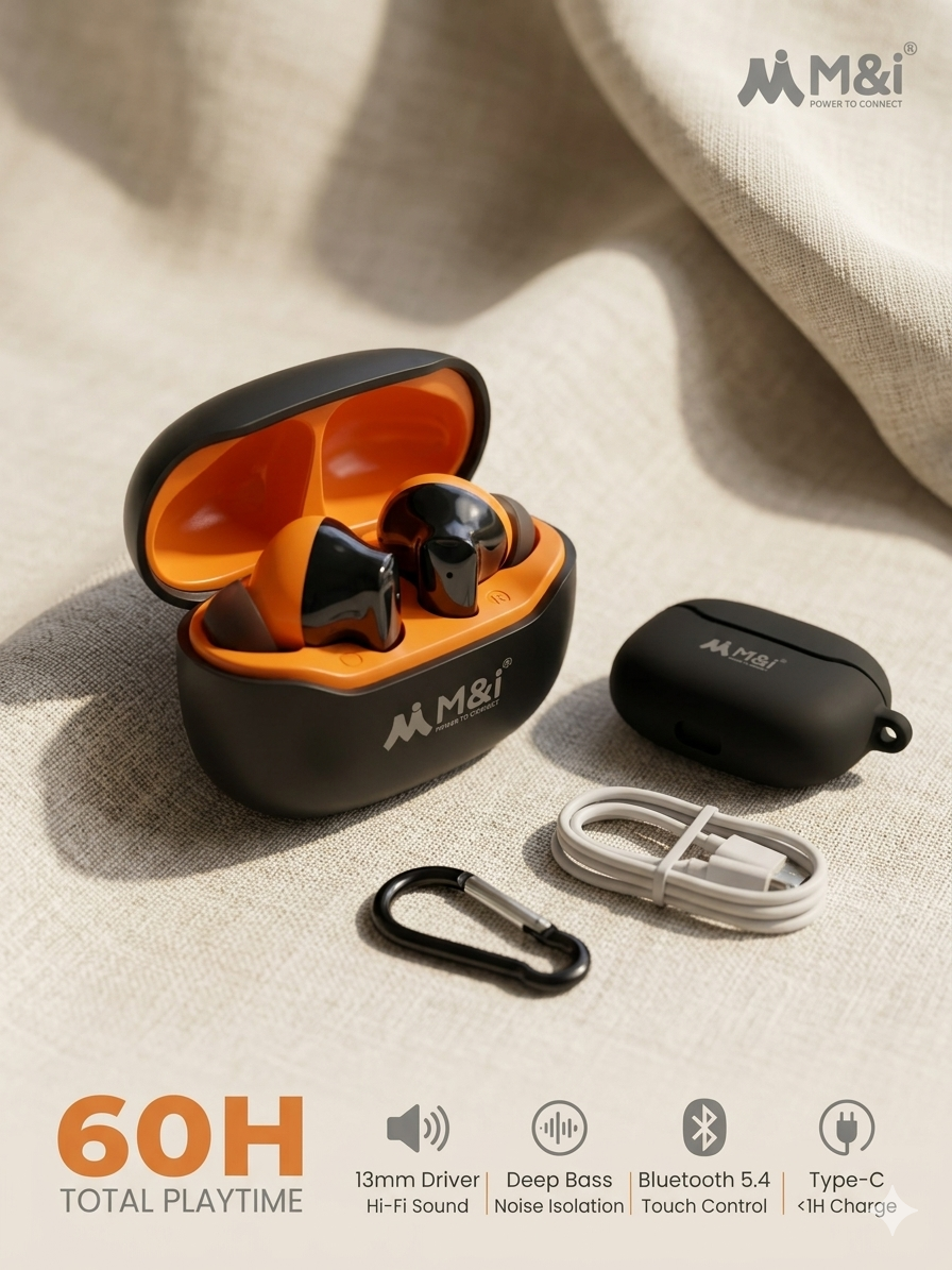 M&I M Pods Series TWS-932 Wireless Earbuds - 60H Playtime, 13mm Driver, Bluetooth 5.4 + Free Silicone Cover & Carabiner