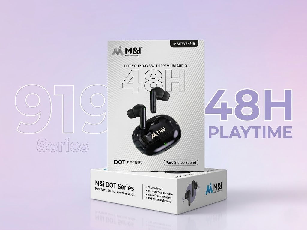 M&i DOT Series TWS-919 Wireless Earbuds – 48H Total Playtime, Bluetooth 5.4, Pure Stereo Sound with Deep Bass, Touch Controls & IPX5 Water Resistance (Includes Free Silicone Case & Carabiner)