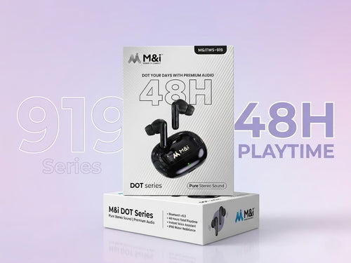 M&i DOT Series TWS-919 Wireless Earbuds – 48H Total Playtime, Bluetooth 5.4, Pure Stereo Sound with Deep Bass, Touch Controls & IPX5 Water Resistance (Includes Free Silicone Case & Carabiner)