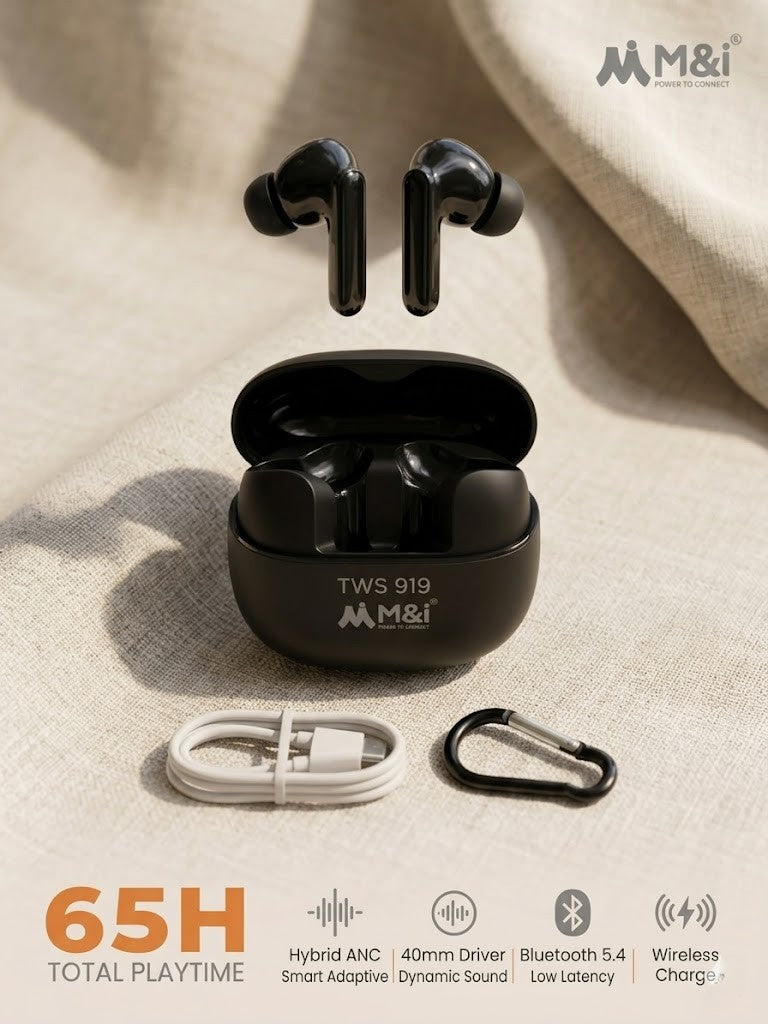M&i DOT Series TWS-919 Wireless Earbuds – 48H Total Playtime, Bluetooth 5.4, Pure Stereo Sound with Deep Bass, Touch Controls & IPX5 Water Resistance (Includes Free Silicone Case & Carabiner)